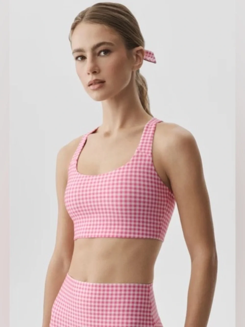 NEW SET Alo Yoga Airlift Gingham Bra + Shorts SET Paradise Pink NWT SIZE small